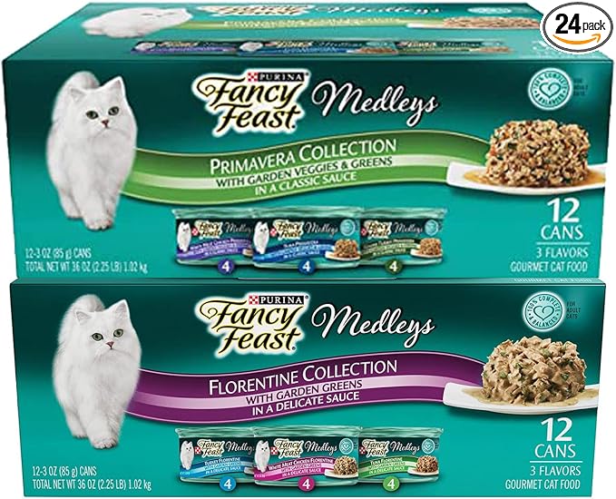 Fancy Feast Duo Premavera & Florentine Set Cat Food Wet Medleys (1 Pack Each Primavera & Florentine, 24 cans Total)