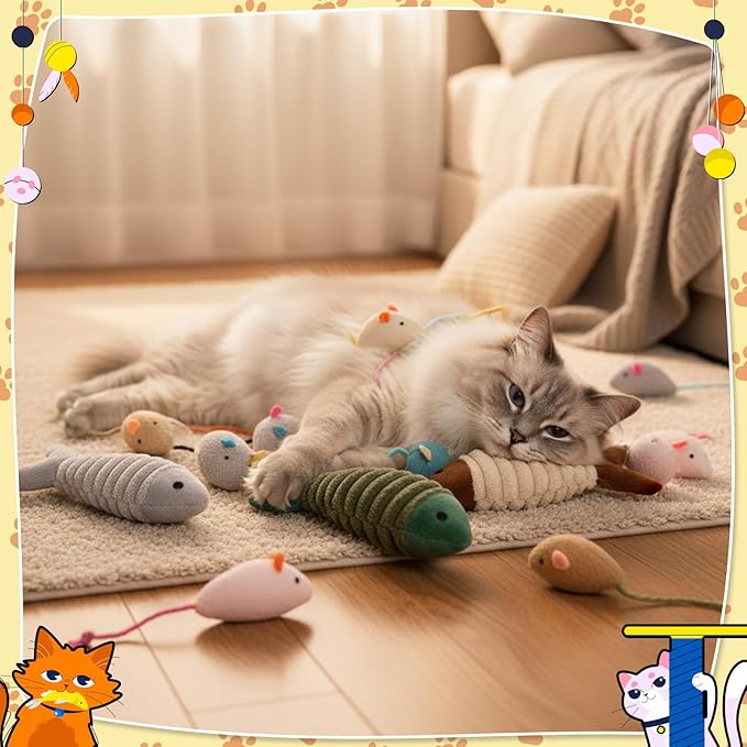 Leitee 12 Pack Cat Toys Bulk Plush Cat Mice Fish Toys Set Mouse Dog Toy for Indoor Kittens Puppies to Eliminate Boredom, Multicolored, Not Filled Catnip(Plush Fish)