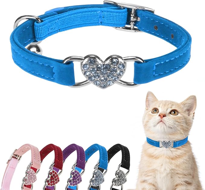BINGPET Diamond Cat Collar,Adjustable Soft Velvet Leather Safe Kitten Collar with Crystal Heart Charm and Bells,Girl Boy Bling Stylish Cat Collars with Safety Elastic (Blue, Neck Girth 8"-10")