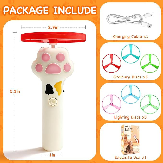 Cat Fetch Toy, Flying Cat Toy Disc Launcher with 6 Soft & Flexible Discs, Cat Toys for Indoor Cats, Interactive Cat Toy for Bored Kittens & Adult Cats