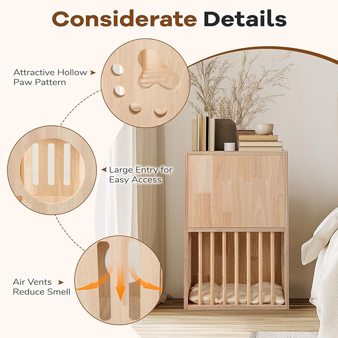 PETSITE 2-Storey Wood Cat House for Indoor Cats, Natural Wooden Double Decker Cat Condo with Removable and Washable Soft Cushions, Air Vents, and Side Entries, Modern Pet Furniture Side Table