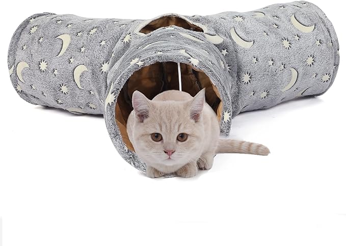 Cat Tube Tunnel with Plush Ball Toys Collapsible Self-Luminous, for Cat Small Pets Bunny Rabbits, Kittens, Ferrets,Puppy and Dogs Grey Moon Star 3 Way