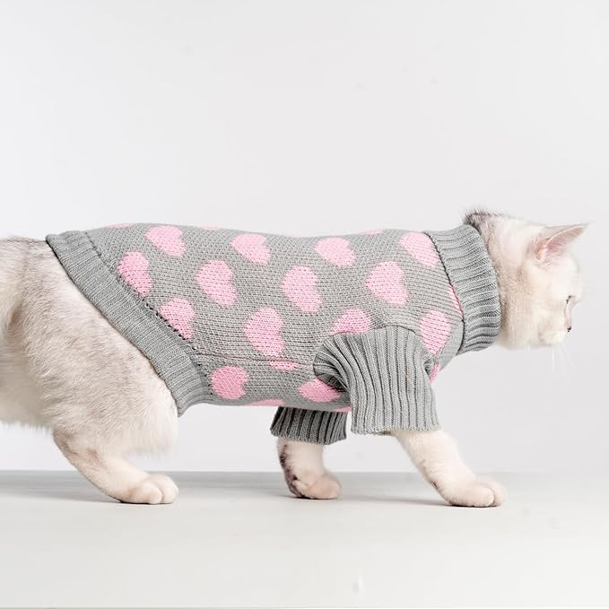 KOOLTAIL Cat Sweater - Valentine's Day Outfit with Hear Love Pattern Cold Weather Soft Warm Knit Turtleneck Clothes for Cats Kitten Small Dogs Puppy Greay L