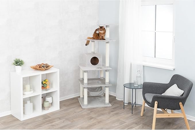 TRIXIE Abby 63.5" Cat Tower, 4-Level Sisal & Plush Cat Tree, Cat Scratcher, Condo, Hammock, Platforms Dangling Cat Toy