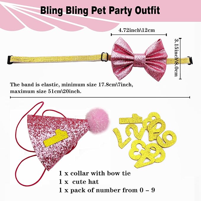Cat Birthday Hat Girl Happy Birthday Decorations Outfit Banner Party Supplies Bow tie Collar Catnip Chew Biting Kick Toys for Cat Girl (Pink)