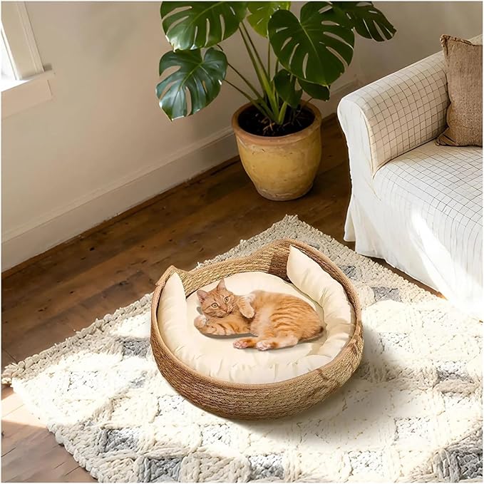 Cat Bed Woven Nest Bed with Soft Cushion and Pillow All Season Weaving Pet Sleeping Resting Scratching Furniture Compatible with Puppy