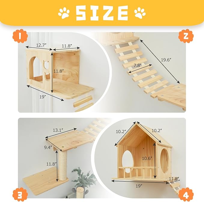 Cat Wall Shelves 9pc with 2 Wooden Condos, Wall Mounted Cat Furniture for Large Cats, Cat Climbing Wall Perch with Scratching Posts, Space Saving Cat Activity Tree