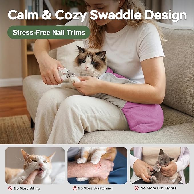 Cat Wrap for Cutting Nails, Self-Adhesive Cat Nail Clipping Restraint Bag, Anti-Scratch Cat Grooming Swaddle for Meds, SubQ Fluids, Ear Cleaning, Teeth Brushing & Vet Visits,Pinkish Purple,S