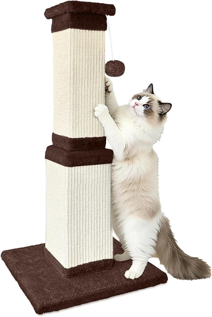 32 Tall Cat Scratching Post for Large Cats, Cat Scratcher for Indoor Cats Adults, Sturdy Sisal Scratch Post to Protect Furniture, Brown