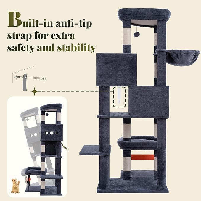 Hey-brother Cat Tree, 68.5 inch Cat Tower with L-Shaped Extended Base, Multi-Level Plush Furniture with 2 Spacious Candos, 2 Platforms, 11 Scratching Posts, Hammock and Toy Ball, Smoky Gray MPJ086G