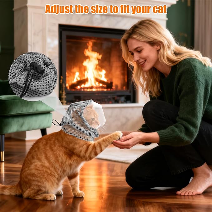 Adjustable Cat Muzzle for Grooming, Breathable Cat Pet Head Cover with Transparent Anti-Bite Bubble Mask Helmet for Nail Trimming Bathing & Vet Visits (M Size)
