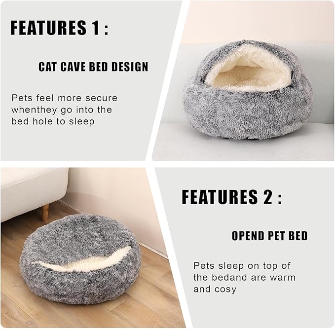 FORMYCATIE Cat Beds for Indoor Cats,Cat Cave for Puppy and Kitty,Calming Small Dog Bed for Small Dogs with Cover Cave,Cozy Warming Fluffy Washable Anti-Slip Pet Sleeping Bag(24 * 24inch,Grey)