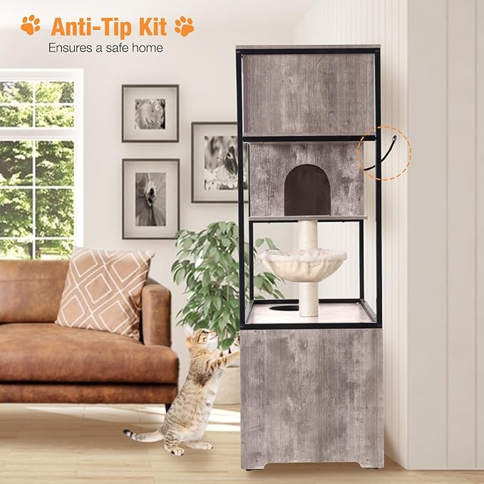 Cat Litter Box Enclosure,Hidden Litter Box Furniture with Metal Frame,Wooden Kitty House with Barn Door,Wooden Cat Washroom Furniture,Fit Most of Litter Box (Grey, M)