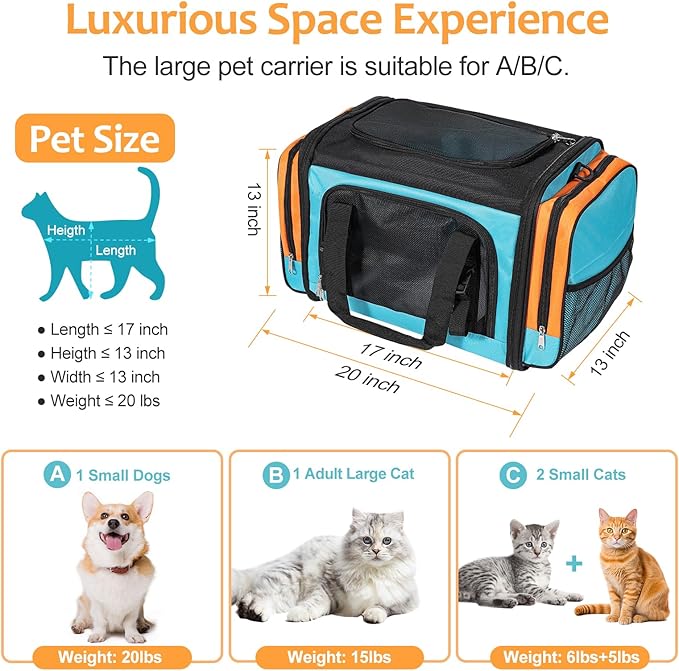 Discala Large Cat Carrier for 2 Cats, Pet Carrier, Dog Carrier for Small Dogs, Cat Carrier Soft, Collapsible Large Pet Carrier for Traveling Indoor and Outdoor Uses - Blue 23"x13"x13"
