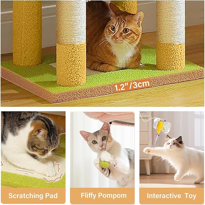 Flower Cat Tree 71 Inches，Large Cat Tower with 2 Detachable Flower Cushions and 2 Hiding Condo, Tall and Big Cat Tree with Hammock Bed, Interactive Toys and Scratching Posts for Indoor Cats (Yellow)