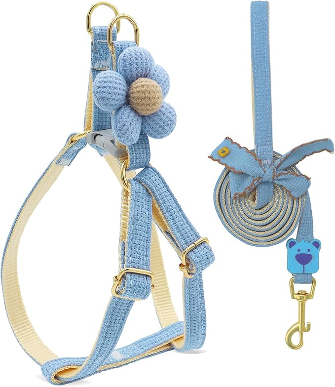 PETCARE Cute Cat Harness and Leash Set, Blue Flower Cat Walking Harness with Bow Tie Cats Leash, Easy Walk Lightweight Step in Cats Harnesses with Buckle (Chest Adjustable 9"-14", Rope Width 0.39")