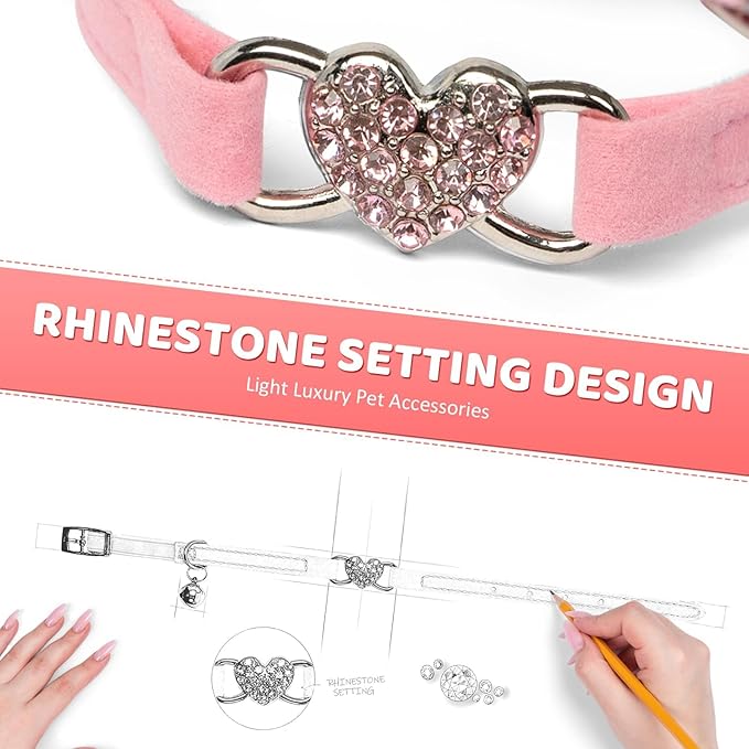 Valentine's Day Heart Bling Pink Cat Collar with Safety Belt and Bell, 3/8" Width Cute Adjustable Collar for Small Dogs and Kitten Cats, S