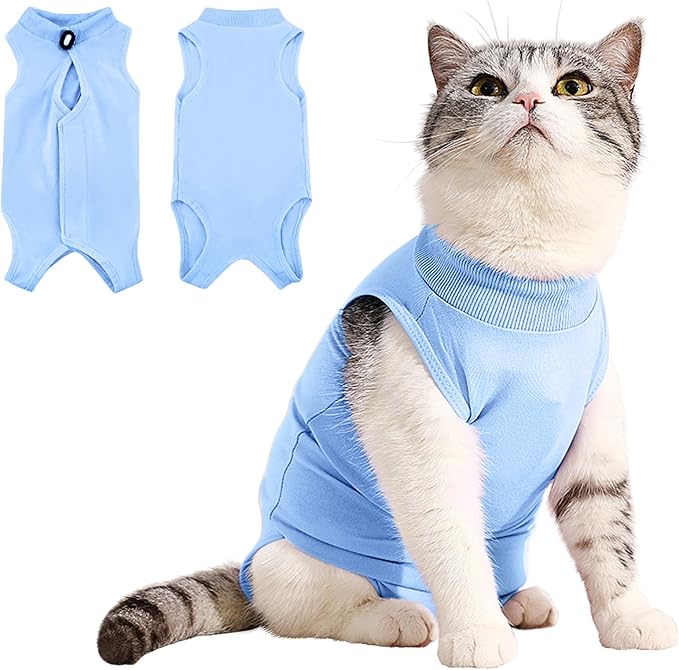 Idepet Cat Surgery Recovery Suit Kitten Onesie for Cats After Surgery Female Breathable Kitty Spay Suit for Abdominal Wound Skin Diseases E-Collar Alternative Wear(Blue,M)