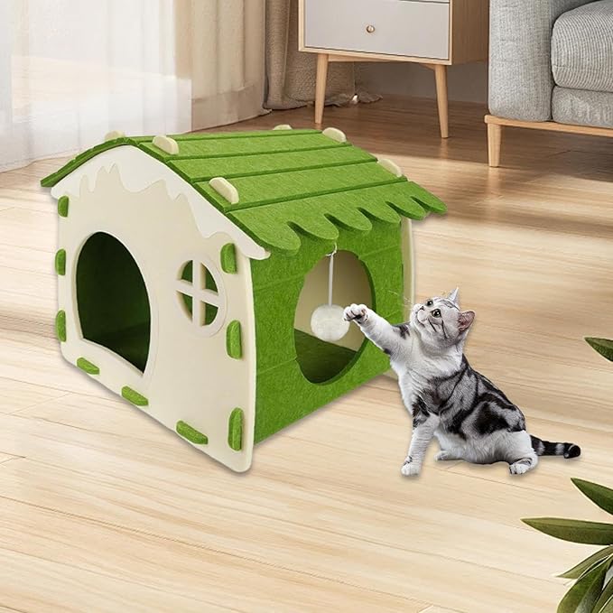 Felt Cat House Sleeping Bed Cozy Hideaway for Small Large Cats Bunny Scratch Resistant Pet Furniture- Green