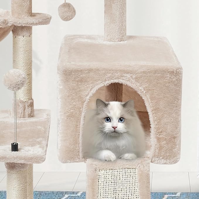 Beige Cute Cat Tree Tower for Indoor Cats Condo with Sisal Scratching Posts Jump Platform Furniture Activity Center Play House Bed