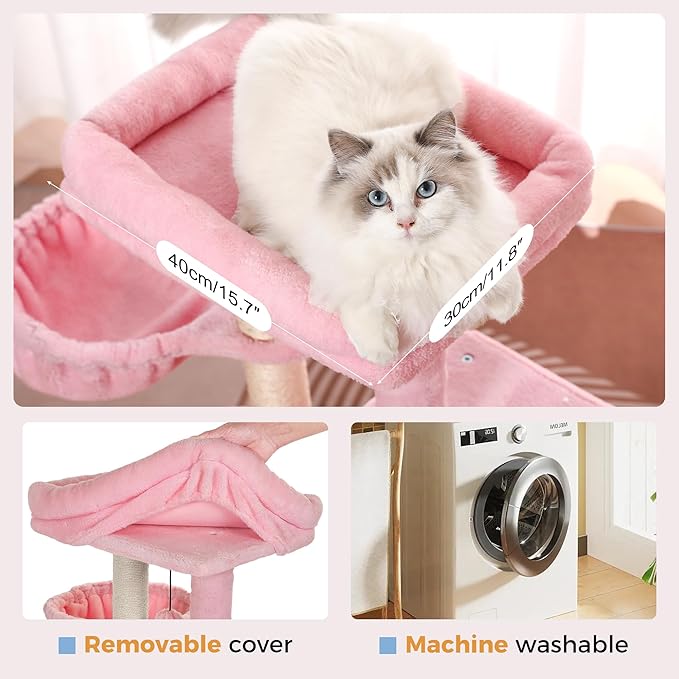 Small Cat Tree Pink Cat Tower with 32 Inches Scratching Post with Cats Condo House, Cozy Hammock and Removable Top Bed and Dangling Ball for Indoor Cats-34” Pink