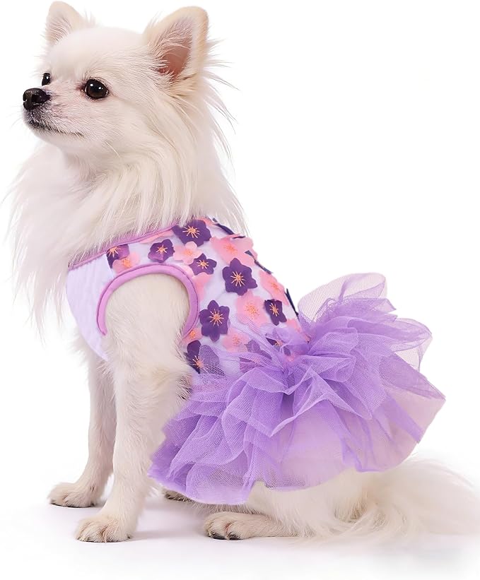 Dog Dress, Fashion Puppy Tutu Princess Dresses for Small Dogs Girl, Sweet Skirt with Dog Bowknot Clips, Spring Dog Cat Clothes Pet Apparel (Purple Floral Dress, Small)