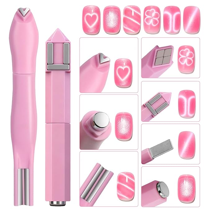 WOKOTO 2 PCS Nail Magnets For Nail Art Designs Tools For Nails, 3 In 1 And 4 In 1 Cat Eye Magnets Pen Sticks For Cat Eye Magnetic Nails, Heart, Grid & French Nail Art Designs Nail Polish Magnet Set