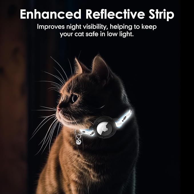 azuza AirTag Cat Collar with Reflective Fish Pattern, Breakaway Safety Collar with Lightweight Design, Apple AirTag Holder and Bells, Adjustable for Cats(9-13")