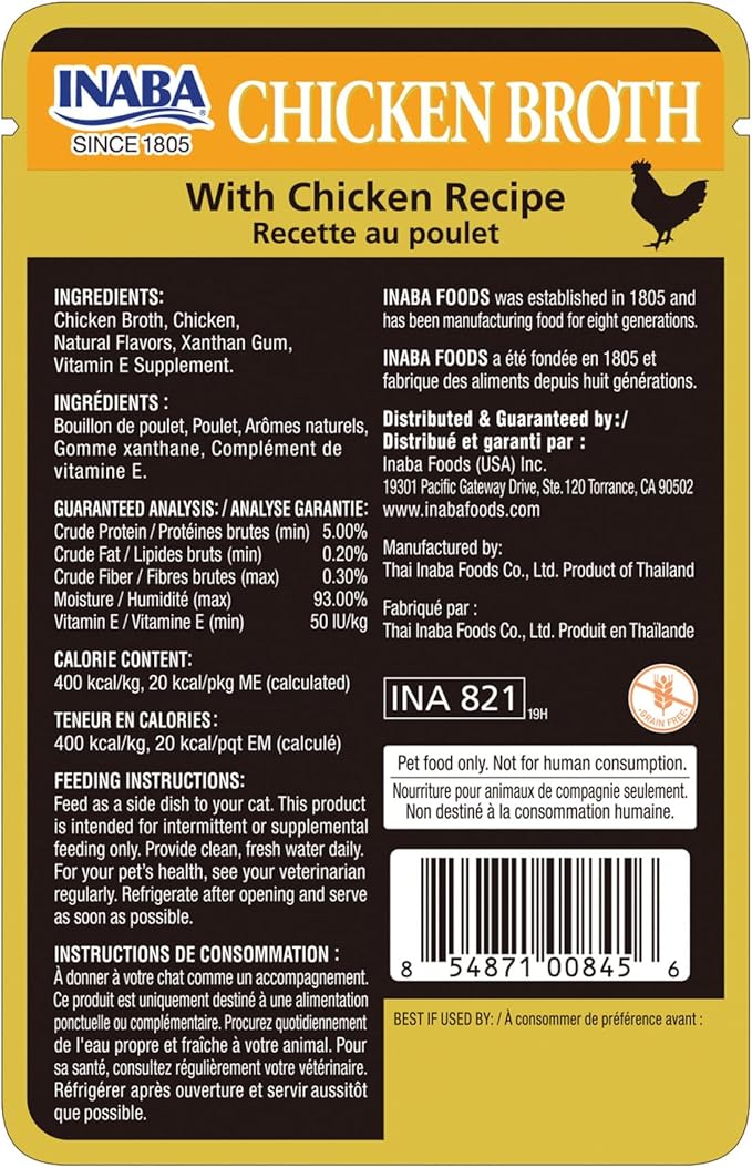 INABA Chicken Broth, Side Dish/Topper for Cats with Vitamin E, 1.76 Ounce Pouch, 8 Pouches Total, Chicken Recipe