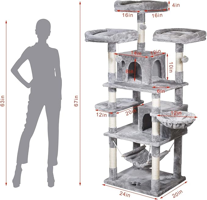 MQ Multi-Level Cat Tree, Activity Centre Cat Tower Furniture with Sisal-Covered Scratching Posts, 3 Padded Plush Perches, Dual Condo & Basket, Removable Hammock, for Large Cats, Grey