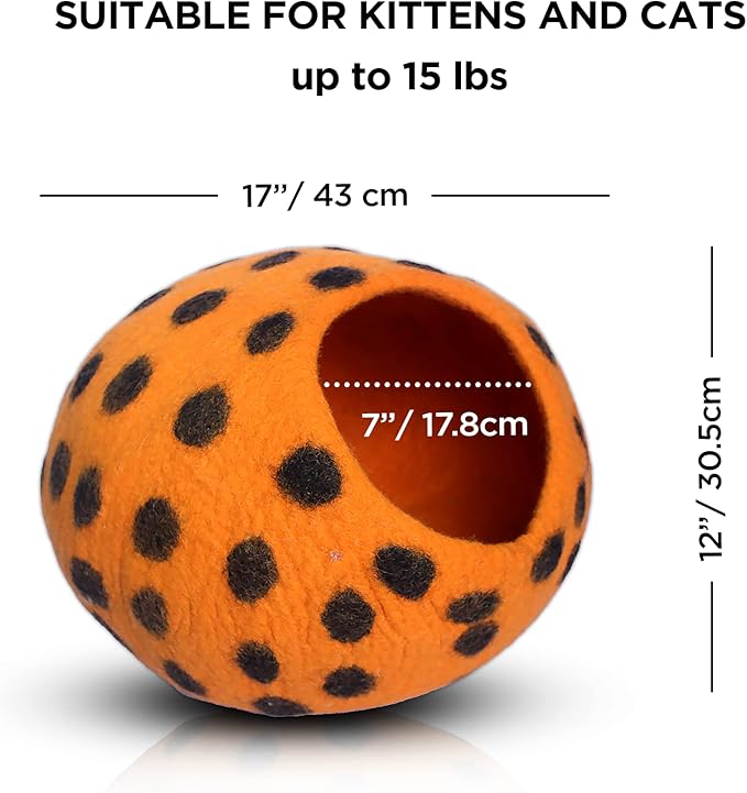Woolygon Premium Felt Cat Cave Bed – Wool Kitty Beds Handcrafted Kitten Caves Bed for Indoor Cats - Made from Merino Wool, Foldable Cat Hideaway Covered Cat House Pod (Orange Polka)