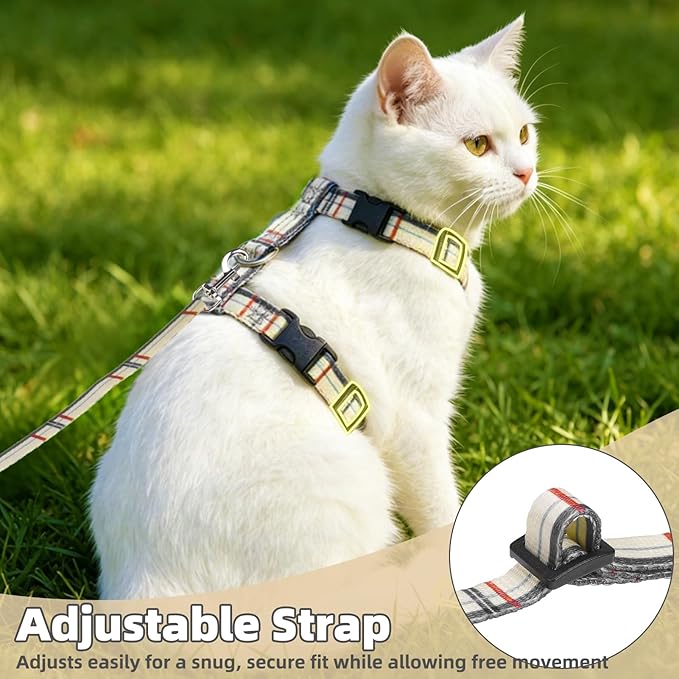 PUPTECK Adjustable Cat Harness and Leash Set Escape Proof Kitten Strap Collar for Walking Travel, Beige Plaid
