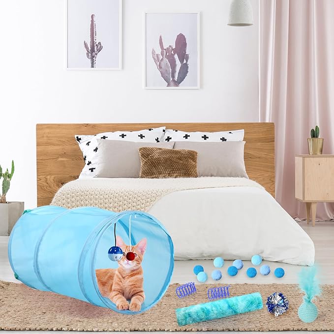 Foilswirl 24 Pcs Cat Toys Set Interactive Kitten Toys Pack Including Collapsible Play Tunnel Feather Teaser Wand Fuzzy Ball Springs Pillow Mouse Bells for Indoor Cats Puppy(Blue,Classic)