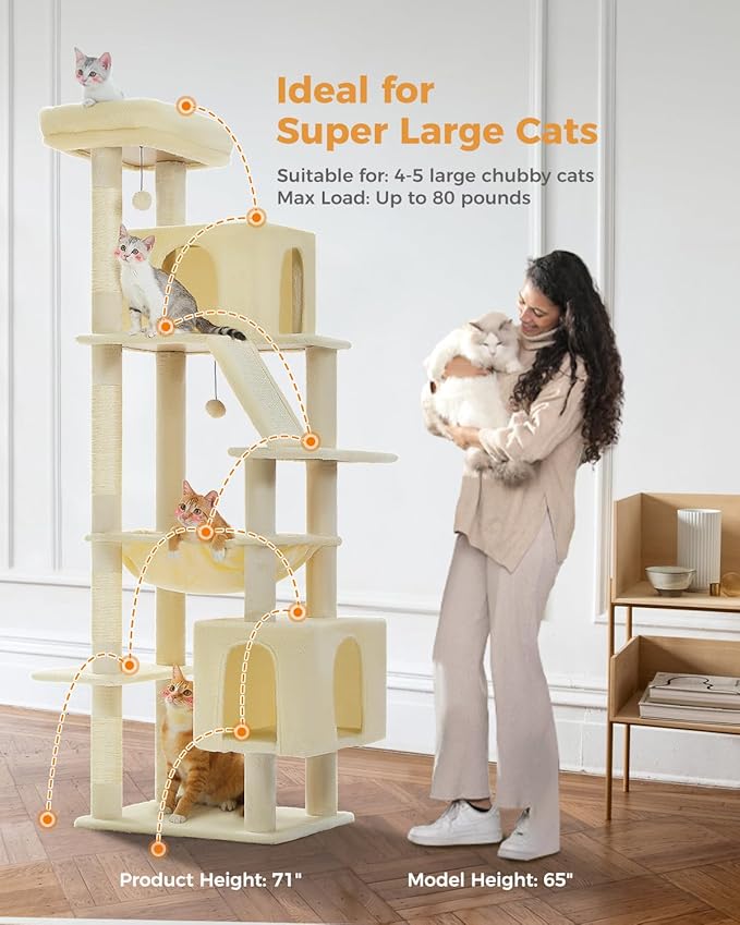 MUTTROS 71" Tall Cat Tree for Large Cat 20 lbs with Super Large Hammock, Heavy Duty Cat Tower with 4 Sisal Scratching Posts & 2 Spacious Condos for Big Adult Cats Maine Coon-Beige