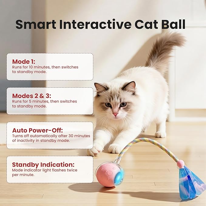 Rocfish Cat Toys, Cat Toys for Indoor Cats, Cat Toys Interactive, 360° Rotating Automatic Interactive Cat Ball, Smart Activation, LED Light, Type-C Rechargeable, 3 Replaceable Dragonfly Tails (Pink)