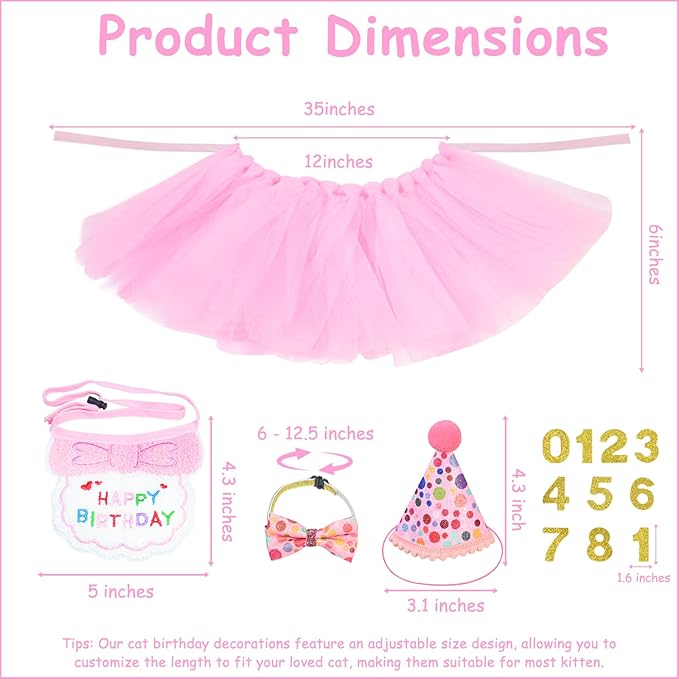 5Pcs Cat Birthday Decorations, Adjustable Cat Birthday Hat Bandana Tutu Skirt Collar Bow & 9 Number Stickers 0-8, Kitten Costume Outfit Decorations for Anniversary of Birth, Small Dog Friendly (Pink)