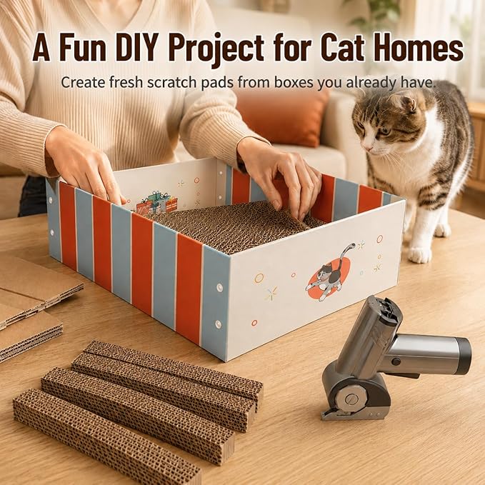 DIY Cat Scratcher Box Kit with Electric Cardboard Cutter – Turn Shipping Boxes Into Fresh Cat Scratch Pads, Reusable Cardboard Cat Scratching Bed for Indoor Cats, Make Your Own Refills at Home
