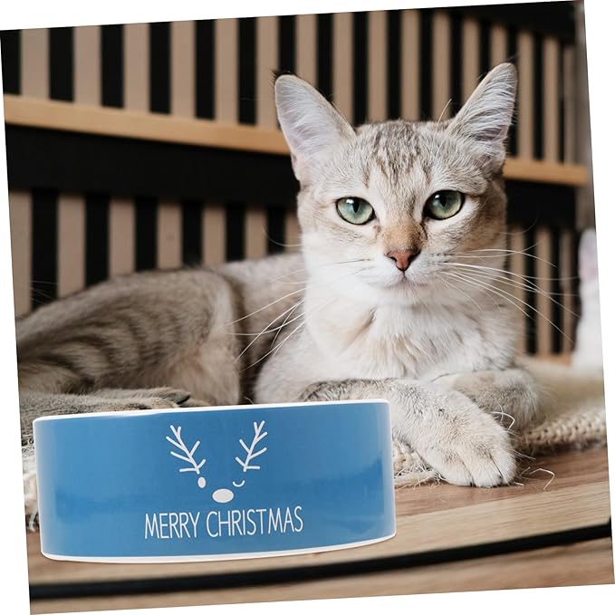 GALPADA Christmas Ceramic Cat Bowl and Pet Food Dish, Blue Reindeer Design, Sturdy Ceramic Material, Suitable for Cat Feeding and Watering, Holiday Themed Pet Supply for Indoor Use
