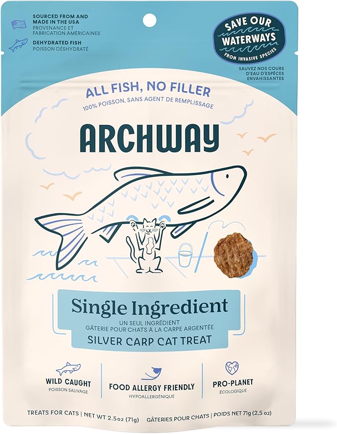 ARCHWAY Dehydrated Silver Carp Cat Treats - Omega-Rich Wild Caught Fish - High Protein, Simple Ingredients Healthy Cat Snacks - Hypoallergenic, Gluten-Free - USA Made (2.5 oz)