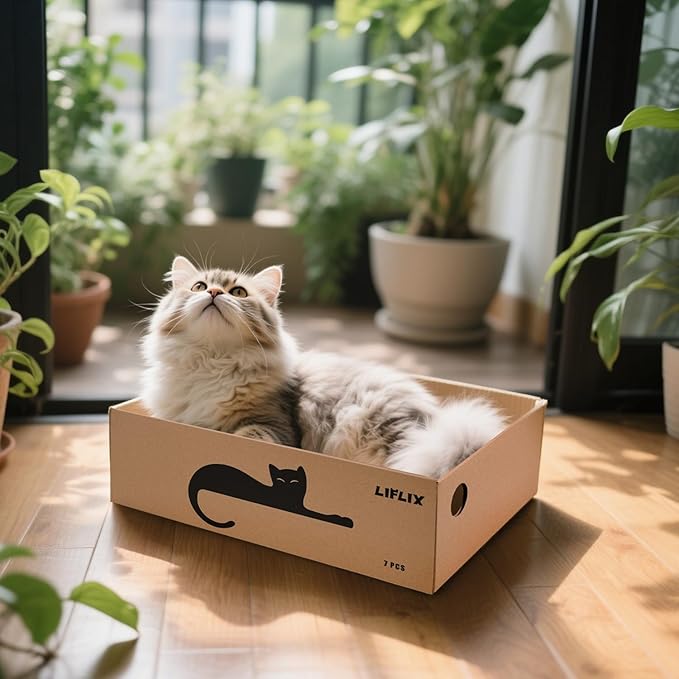 LIFLIX 7PCS Reversible Cat Scratching Pads with Box, 16.5" Lｘ12.6" Wｘ5.9 H Extra Large Cardboard Scratcher with Catnips, Cat Scratch Boxes for Indoor Cats