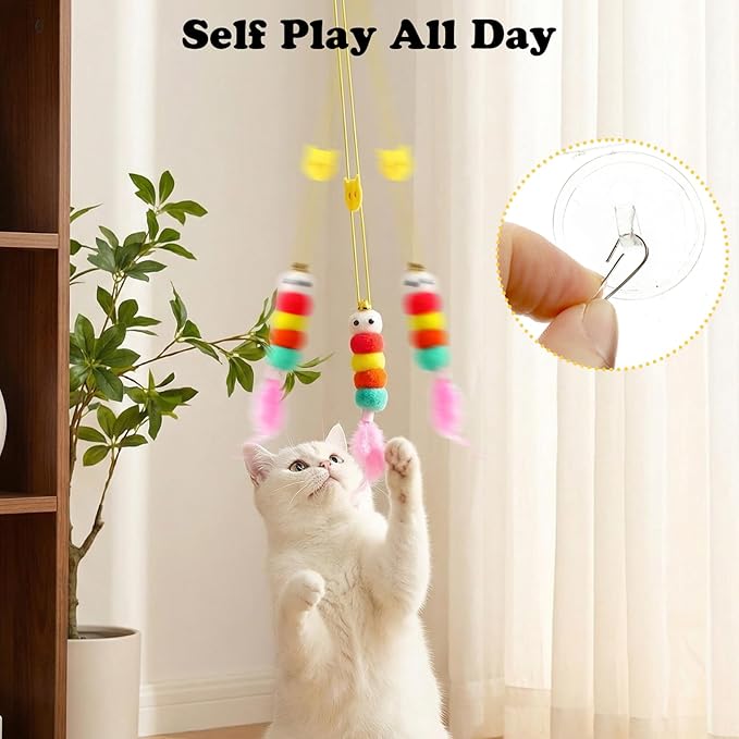 Leitee 20 Pcs Interactive Cat Toys with Hanging Balls Feather Teaser Retractable Toys for Indoor Kitten Self Play Make Fun Exercise Cat Enrichment Balls for Small/Medium/Large Cats to Keep Them Busy