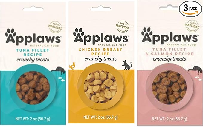 Applaws Natural Grain-Free Crunchy Cat Treats in 3 Flavor Bundle: 1 Tuna Fillet & Salmon, 1 Tuna Fillet & 1 Chicken Breast (3 Bags Total, 2 Oz Each)
