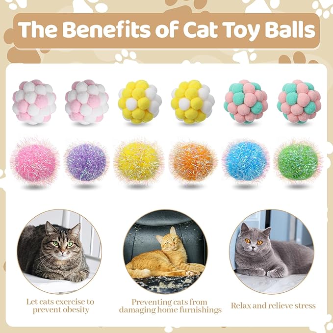 12 Pieces Cat Pom Pom Balls, PVA Polyester Material, Soft Pompoms with Bells, 5cm 6cm Interactive Ball Toy for Cats Kitten Indoor Outdoor Playing Chewing Scratching