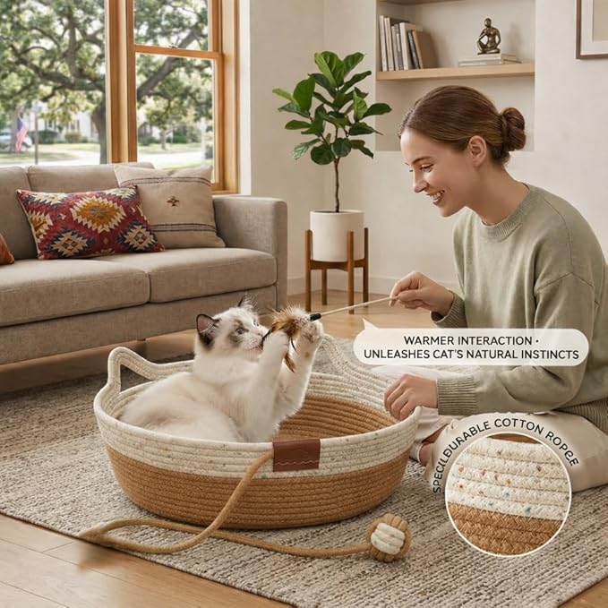 Interactive Cat Bed Basket Handwoven Cotton Rope Stimulicat Cat Basket with Toy Ball, Foldable Scratchable Instinct Basket for Cats & Kittens Stimuli Cat Basket Nest