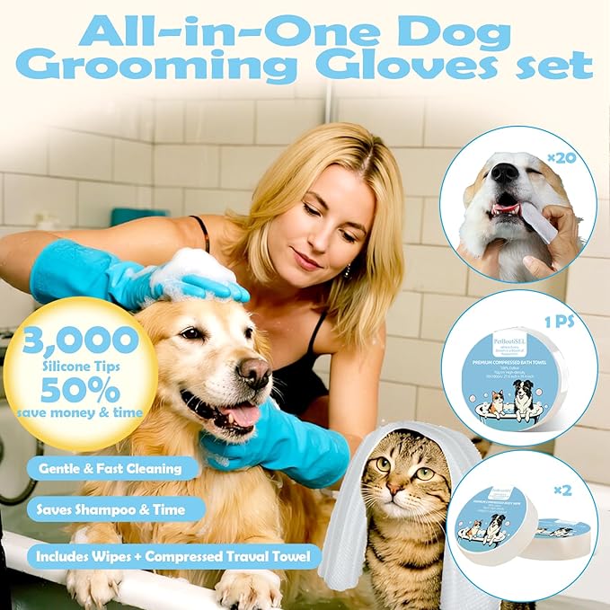 Pet Grooming Gloves Kit, Dog Washing & Cat Brush Glove with Silicone Bristles