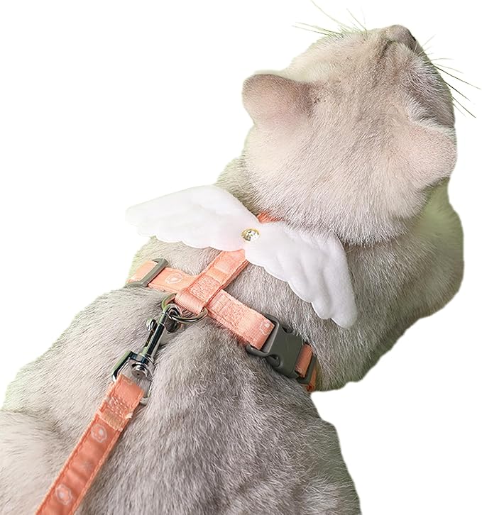 Cat Harness and Leash Set for Outdoor Travel Walking Escape Proof Soft Safe Adjustable Kitten Puppy Small Strap Cute Angel Style, Pink Wing, M