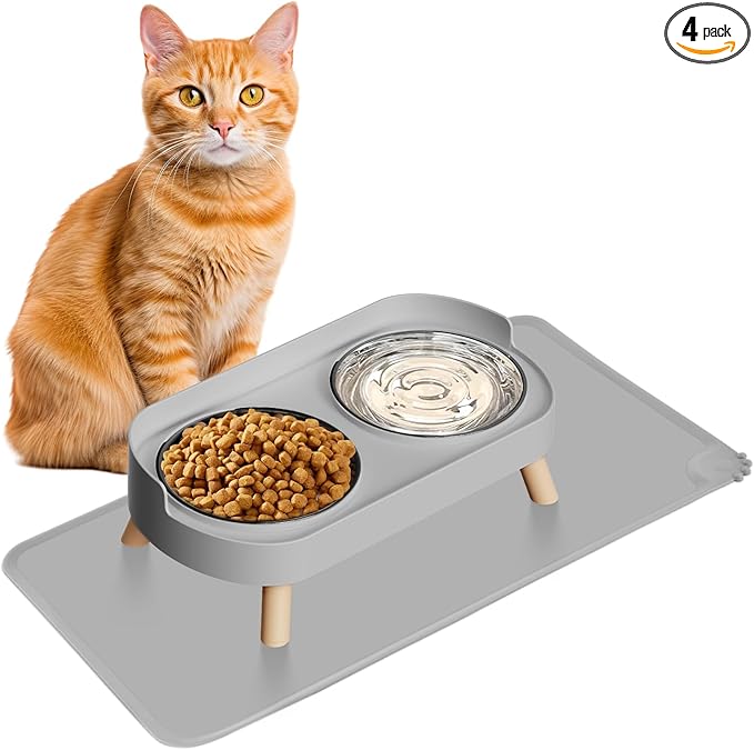 Elevated Cat Bowl with Food Mat, Raised Cat Food and Water Bowl Set for Indoor Cats, Splash Proof with 2 Stainless Steel Pet Food Bowls for Cats and Puppies,Whisker Fatigue and Dishwasher Safe (Grey)