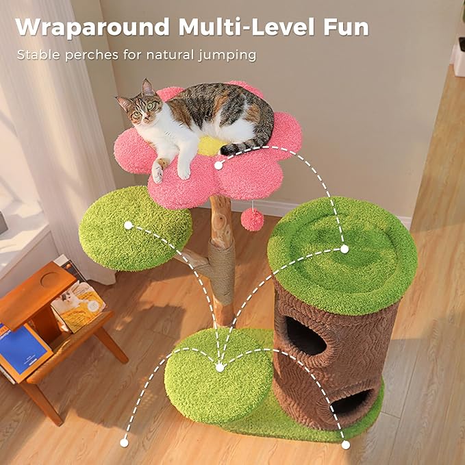 MUTTROS Wood Cat Tree with Flower Perch, 53.5" Modern Cat Tower w/Natural Solid Wood Scratching Post (φ3.8in), Large Heavy Duty Forest Cat Tree Furniture w/2 Condos for Indoor & Multi-Cat Household