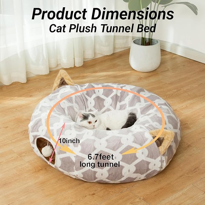 Large Cat Tunnel Bed Under Christmas Tree with Fluffy Toy Balls, Small Cushion and Flexible Design- 10 inch Diameter, 3 ft Length- Great for Cats, and Small Dogs, Gray Geometric Figure
