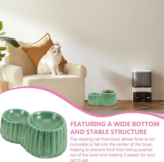 VOSAREA Ceramic Raised Cat Bowl and Elevated Dog Feeder Set with Anti-Spill Design, Green Dual Height Bowls for Pet Feeding and Watering, Suitable for Cats and Puppies